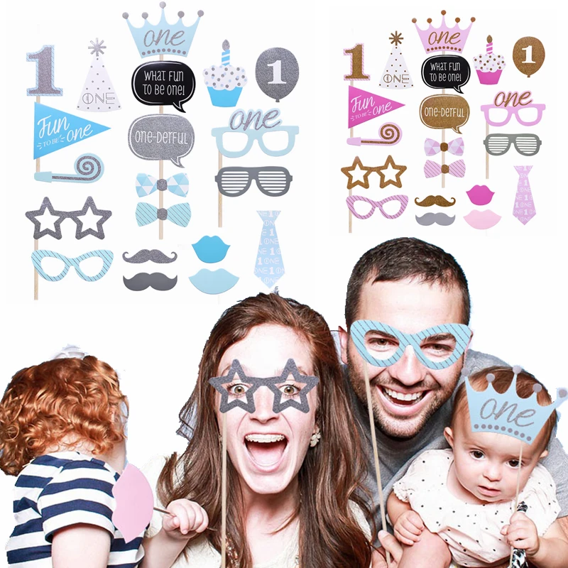 

20pcs/set Baby First Birthday Photo Props Pink Blue Boy Girl Photo Booth Props Newborn 1st Birthday Baby Shower Decor Supplies 7