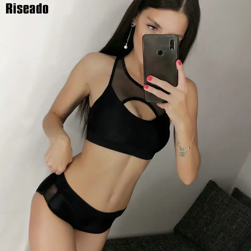 Черный Riseado, новинка, спортивные сетчатые бикини, купальники для женщин, пуш-ап, купальники, Холтер, полые купальники для женщин, купальные костюмы - Цвет: Черный