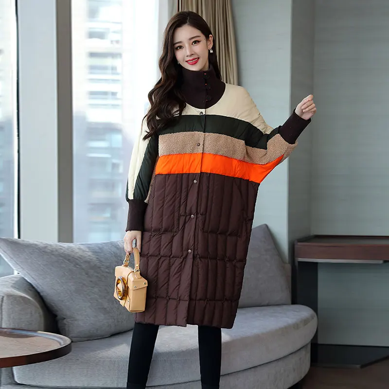 Purple hem Дизайн, зимнее пальто, водолазка, рукав летучая мышь, разноцветная, Лоскутная, негабаритная, длинная, белая, на утином пуху, куртка для женщин - Цвет: Purple hem
