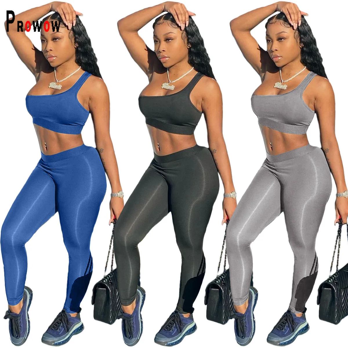

Prowow Women Bodycon Clothing Set Skew Collar Tops Long Pant Two Piece Matching Suits 2021 New Summer Fitness Joggers Outfits