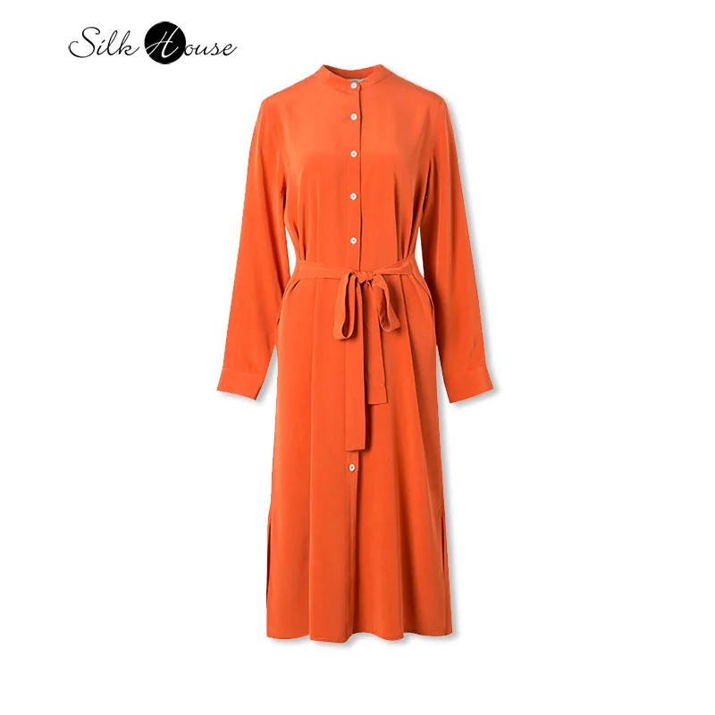 

30mm Heavy Silk Dress Mulberry Silk Solid Color Stand Collar Long Sleeve Women's Fashion Shirt Skirt Autumn New Style
