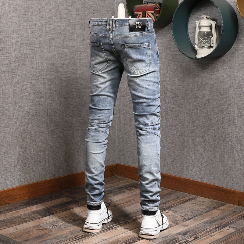 European American Street Fashion Men Jeans Elastic Destroyed Ripped Biker Jeans Men Slim Fit Designer Hip Hop Denim Punk Pants