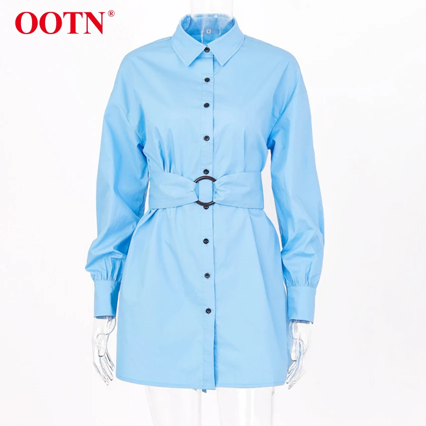 OOTN, отложной воротник, синяя туника, платье-рубашка, женское платье с длинным рукавом и поясом, офисное женское мини-платье, Осень-зима, повседневное белое платье