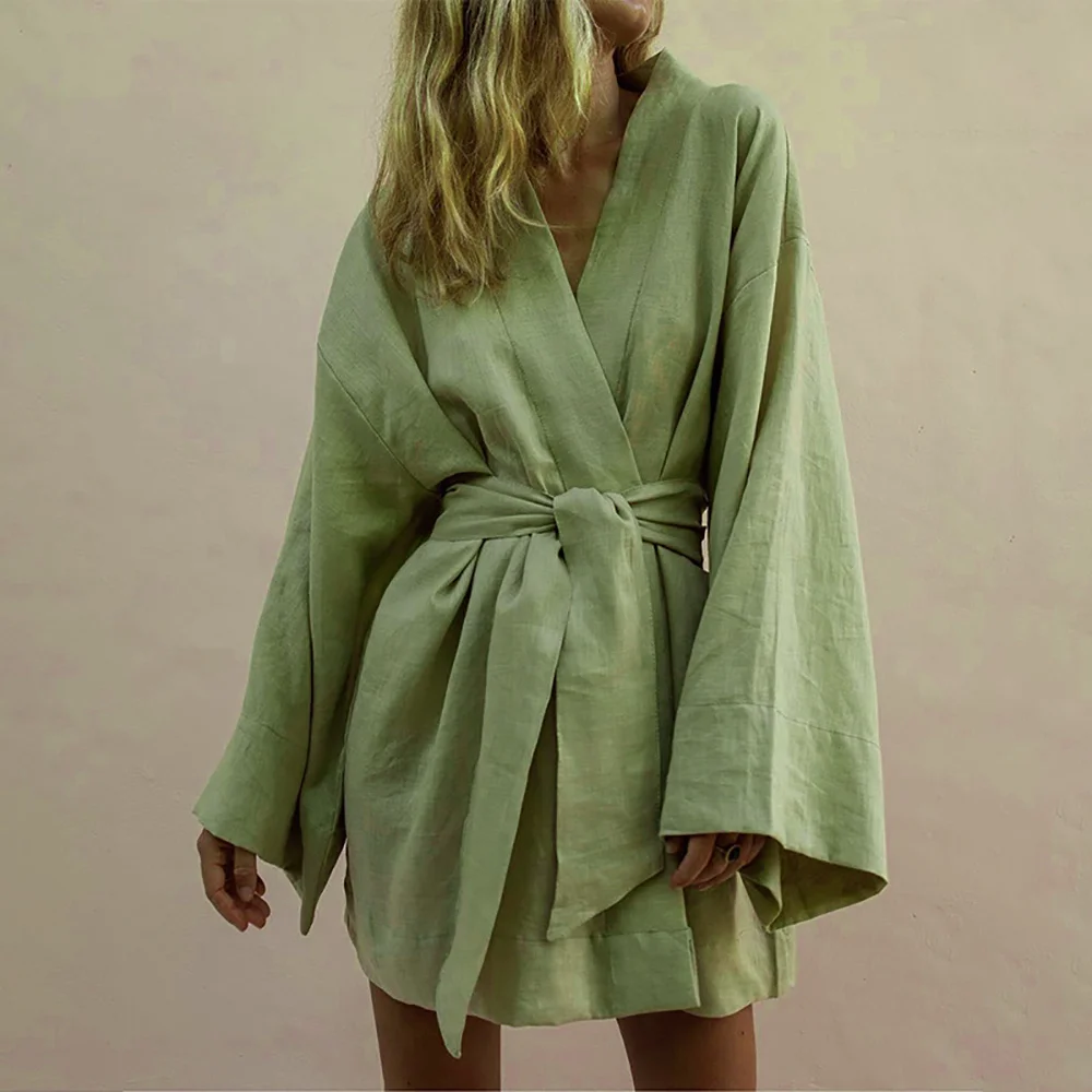 

Lace Up Women's V-Neck Kimono Cardigan Mini Dress Cotton Linen Long Sleeve Sashes Dresse Robe Style Summer Loose Vestidos 2021