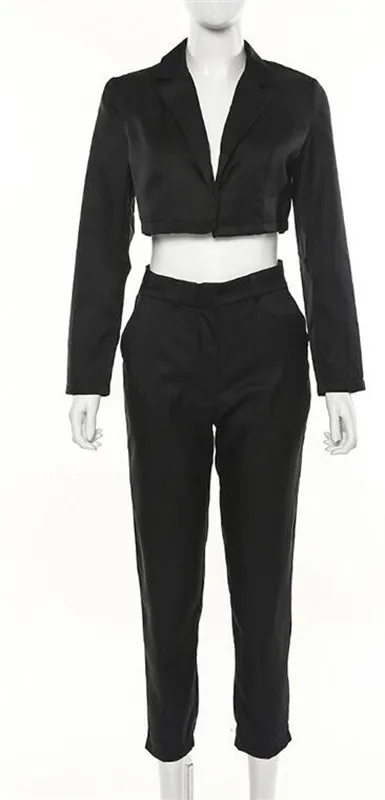 Черная короткая куртка из 2 предметов со штанами женские деловые брючные костюмы