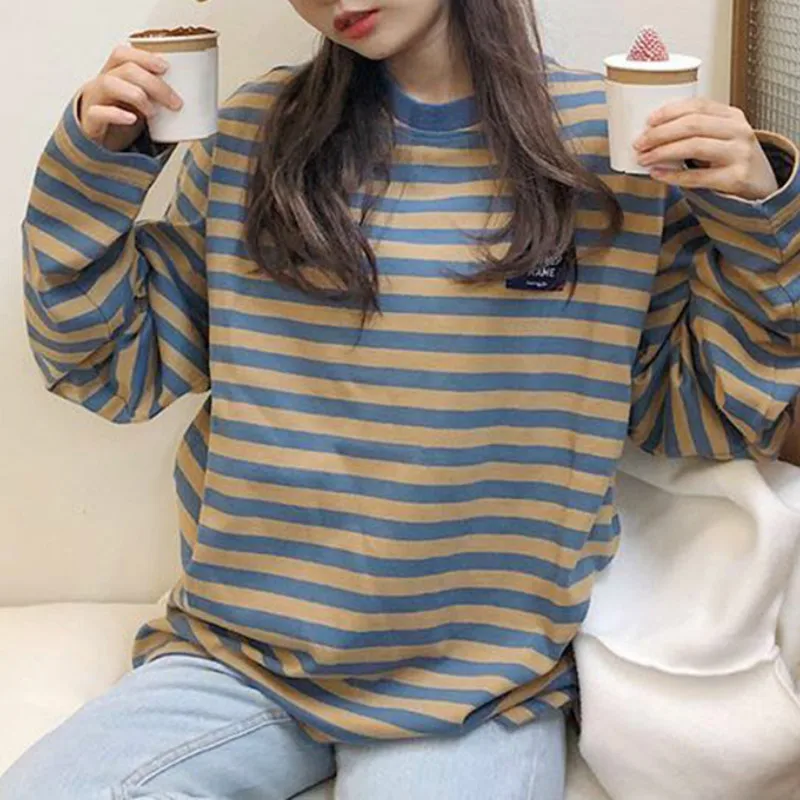 Long Sleeve T-shirts Women Retro Striped Classic Korean College Spring Autumn Teens Tops Tee All-match Daily Lovely Girls Top | Женская