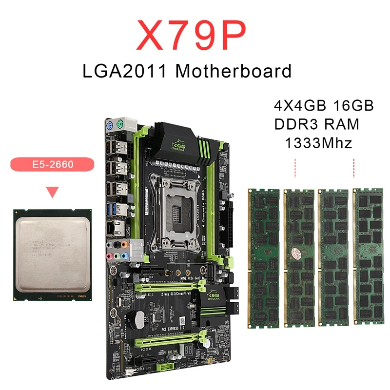 X79 LGA2011 комбо набор материнской платы с E5-2660 C2 CPU 4X4GB 16GB DDR3 RAM 4-Ch 1333Mhz PCI-E NVME M.2 SSD слот |