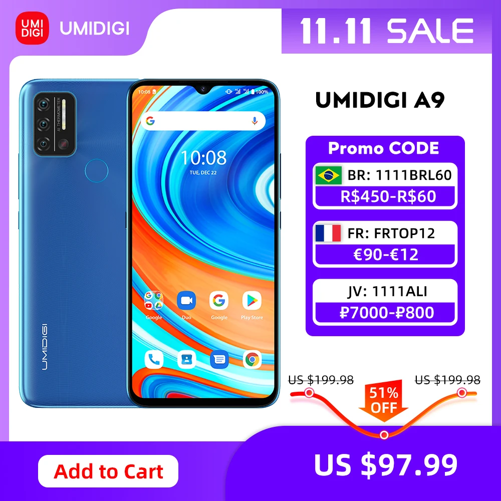 UMIDIGI – téléphone portable A9, Android 11, Version globale, Triple caméra AI 13mp, Helio G25 Octa Core, 6.53 pouces HD +, 5150mAh, en Stock  (0)