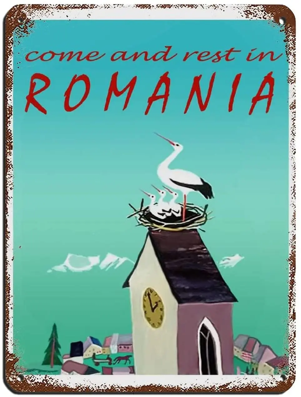 

Come Rest in Romania Poster Retro Poster Metal Tin Sign Chic Art Retro Iron Painting Bar People Cave Family Garage Decoration