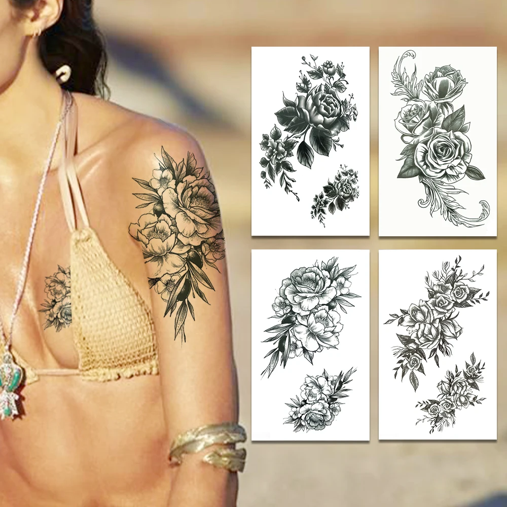 

Daisy Flower Fake Temporary Tattoos For Women Girls Black Jasmine Tattoo Sticker Sunflower Branch Waterproof Tatoo Painting Hand
