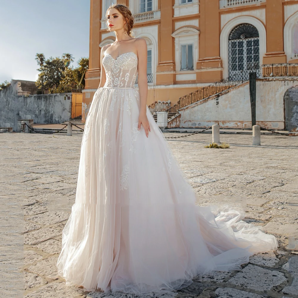 

Sweetheart A-LineTulle Wedding Dress Sleeveless Lace Appliques Backless Sweep Train 2021 Bride Gowns Vestido De Noiva