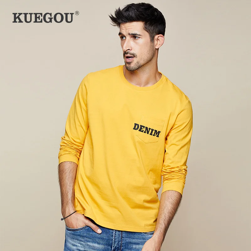 Мужская хлопковая футболка с длинным рукавом KUEGOU белая однотонная длинными