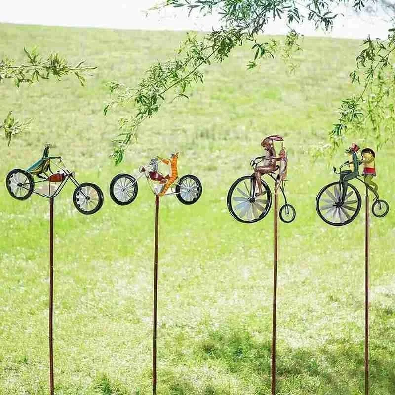 

Wind Spinner Animal Riding Bike With Motorcycle Ornament Creative Home Garden Decorative Stakes Metal Iron Sculpture Windmill