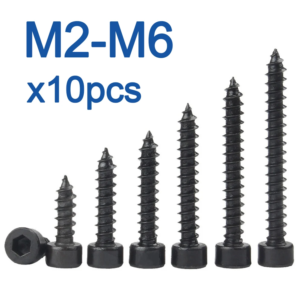 10 шт./лот M2 M2.6 M3 M3.5 M4 M5 M6 Шестигранная головка с головкой, Самонарезающий винт 8,8 класса, черная углеродистая сталь, винт с шестигранной головкой - изображение