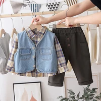 baby boy clothes leisure plaid long sleeved shirts tops denim jacket pants 3pcs infant clothing kids bebes suits ye04132