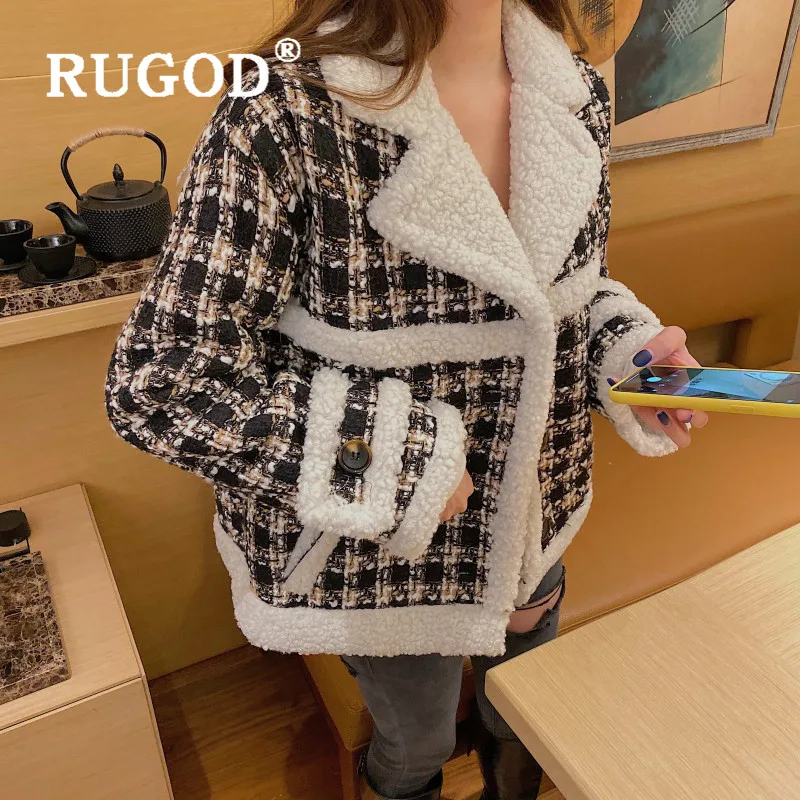 RUGOD шерстяное твидовое пальто Женская Теплая клетчатая флисовая куртка женские