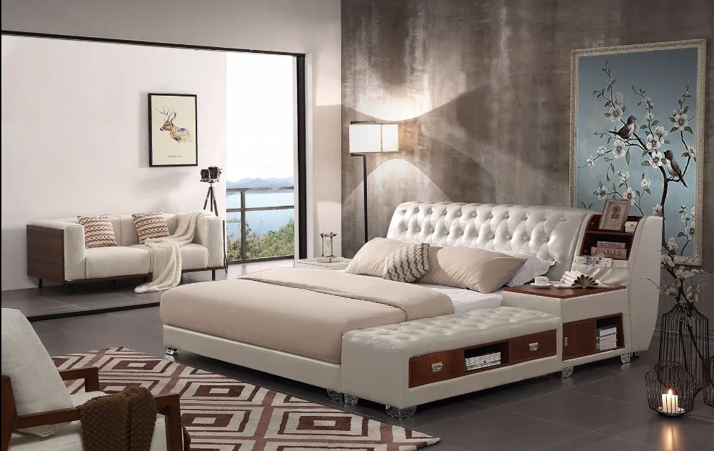 

real Genuine leather bed frame Modern Soft Beds with storage Home Bedroom Furniture cama muebles de dormitorio / camas quarto