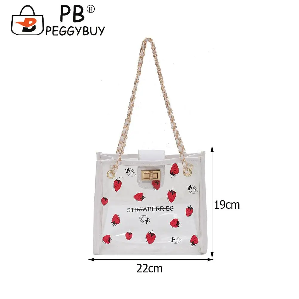 

Fashion Women PVC Transparent Shoulder Crossbody Bag Portable Street Travel Strawberry Printing Chain Mini Messenger Handbags