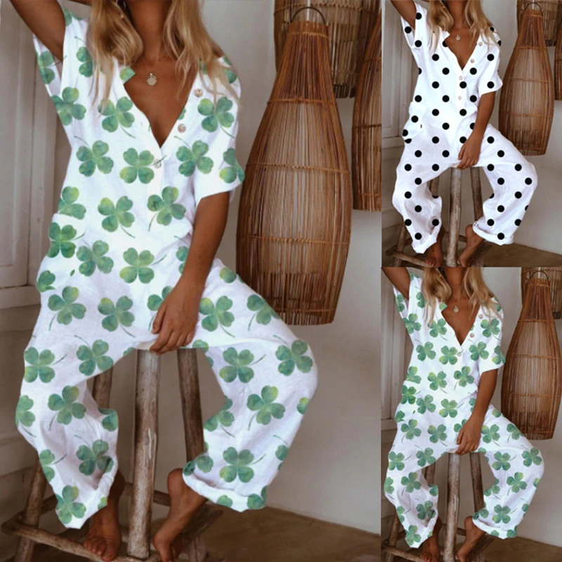 

Summer Elegant Button Women Jumpsuit V Neck Cotton Linen Jumpsuits Short Sleeve Loose Trousers Romper Sexy Bodysuit
