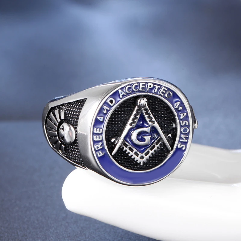 Мужское кольцо с синей эмалью Masonic серебряное из нержавеющей стали 316L кольца для