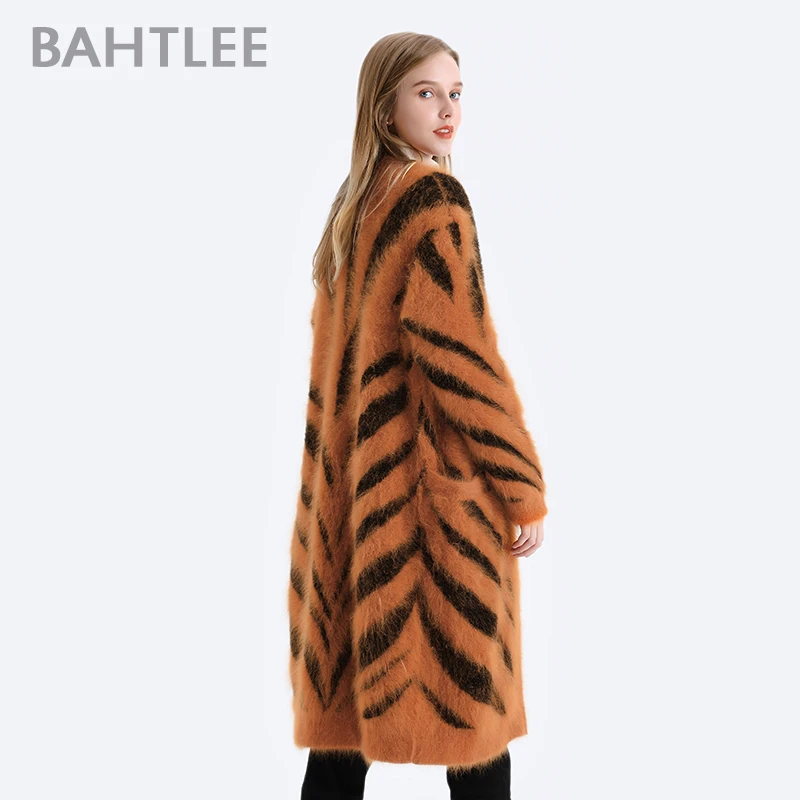 BAHTLEE зимние женские ангорские длинные кардиганы свитер Тигровая полоса