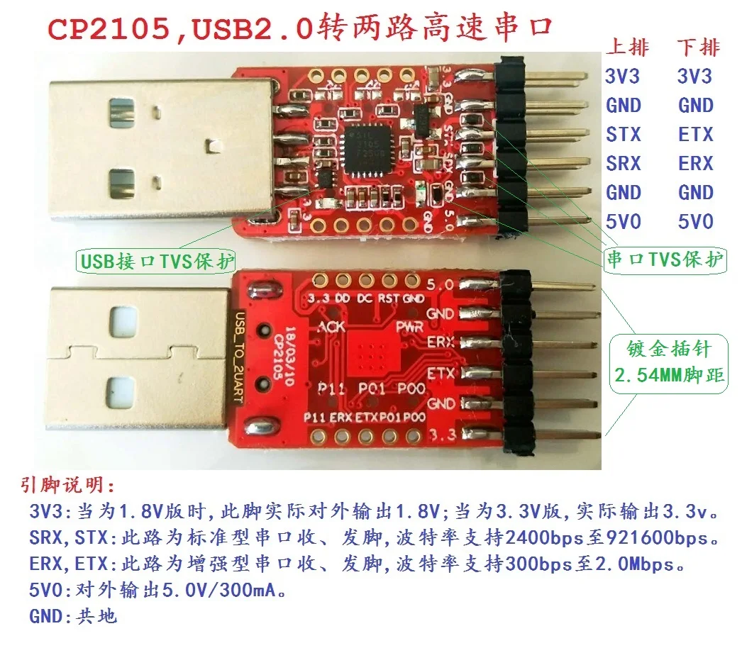 Línea de cepillo CP2105 CP2102 USB a dos puertos serie, nivel Ttl, 3,3 V/1,8 V
