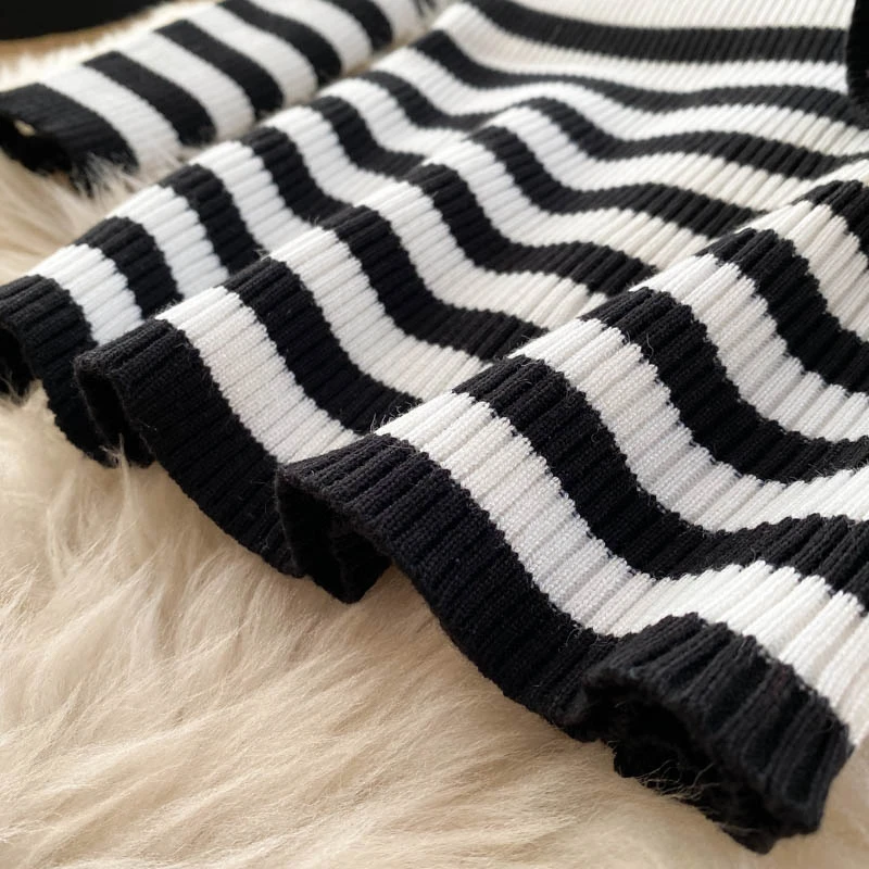 

Foamlina Striped 2 Piece Set Women Fashion Streetwear Long Sleeve Knit Pullover Crop Top + Spaghetti Strap Bodycon Dress Suits