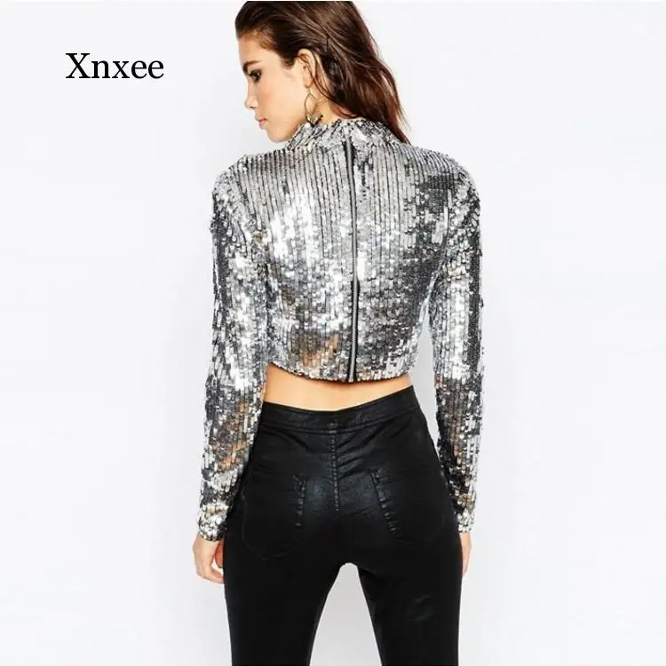 

2021 Sequins Women Silver Shine Sweater Shirts Sexy Zipper Back Short Tops Female Casual Party Tees Ladies Stand Collar Clothing