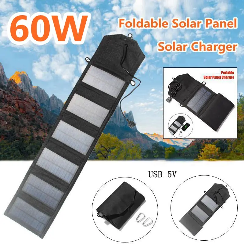 Panel Solar plegable USB de 60W, cargador portátil de 5V, células solares, cargador de energía móvil para exteriores, Camping y senderismo