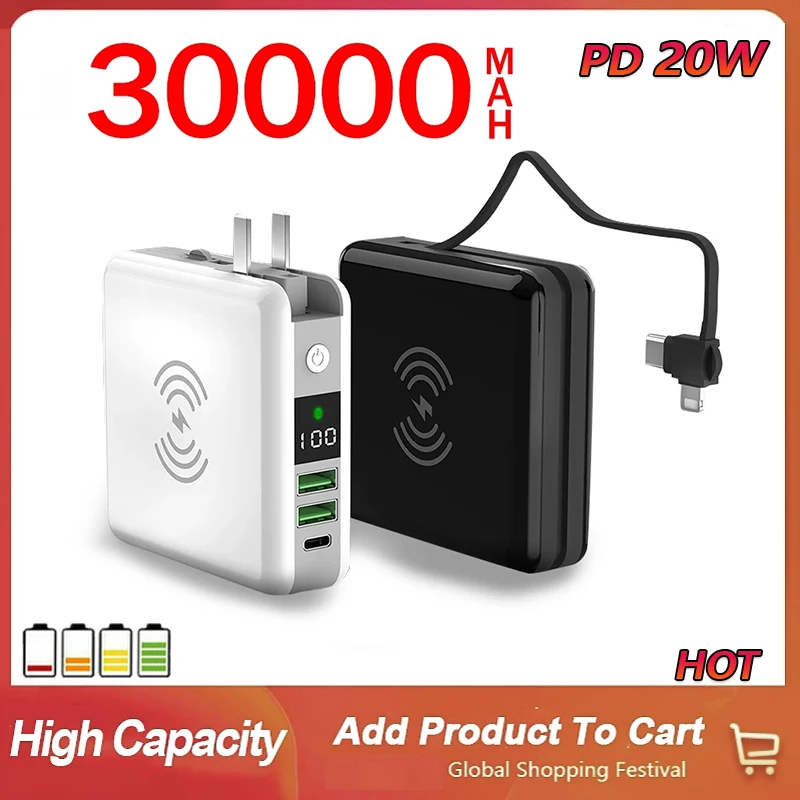 

30000mAh Mini Power Bank Wireless Portable Phone Charger Large Capacity External Battery Charger LCD Digital Display Powerbank