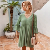 summer lace patchwork dress women hollow out v neck butterfly sleeve dress solid color casual commute clothing green yellow robe