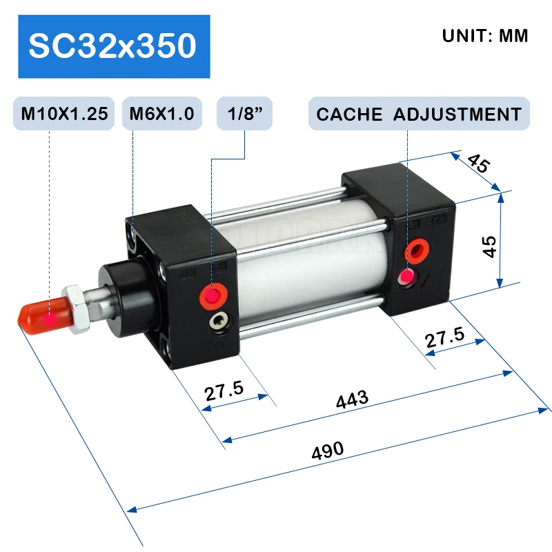 SC32x350 32mm Bore 350mm Stroke Pressurized Aluminum Pneumatic Tube Piston Air Double Acting Telescopic Price Penumatic Cylinder |