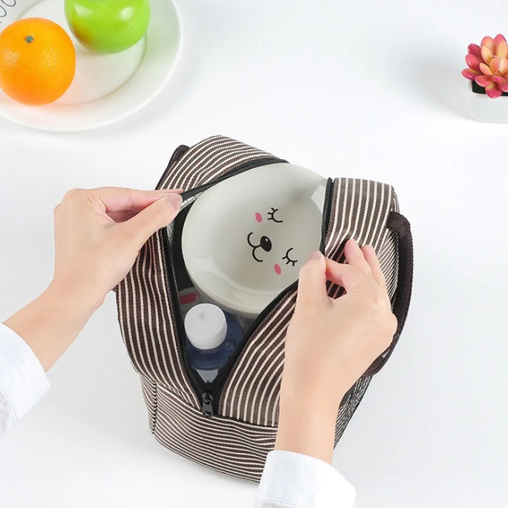Сумка для хранения еды портативная полосатая Термосумка обедов холст контейнер