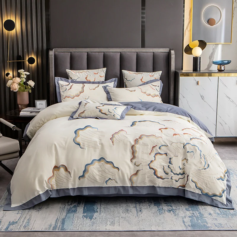 

luxury beige embroidery brushed thick cotton Bedding Set Duvet Cover Bed Linen Fitted Sheet Pillowcases Home textiles