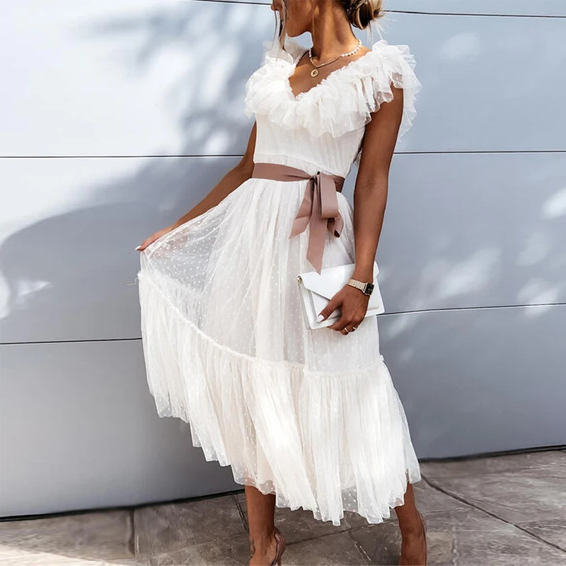 

Women Fashion White Dresses Summer Sleeveless Slim V-neck Dress Dresses for Women Party Vestido De Mujer