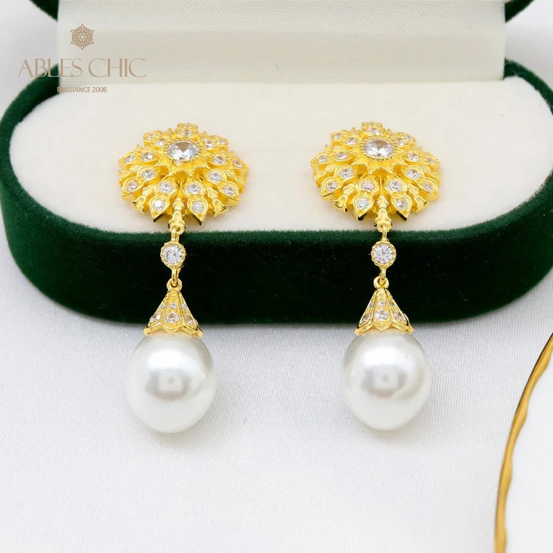 6prs 18K Gold Tone Flower Shell Pearl Dangling Earrings Renaissance Handmade 925 Silver Earring Paved CZ Vintage Studs C115113
