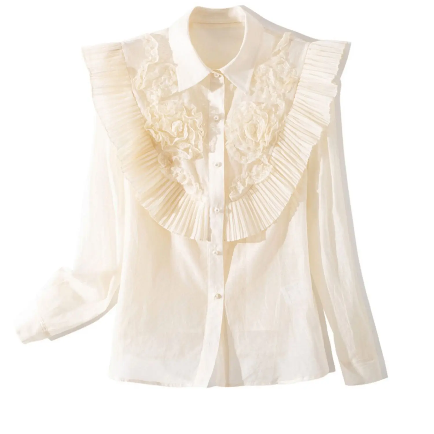 

High Quality Runway Women Mesh Disc Flower Pleated Ruffles Shirt Tops 2021 Spring Ladies Large Size Single-Breasted White Blouse