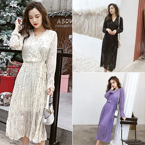 Женское шифоновое платье в горошек повседневное свободное плиссированное с