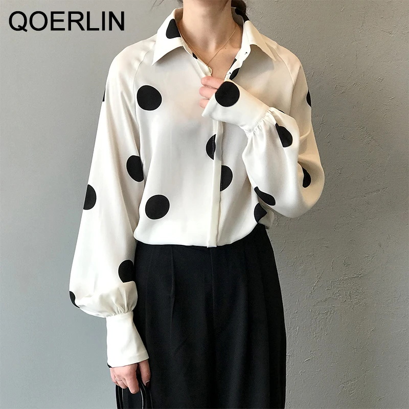

QOERLIN High Quality 2021 French Retro Polka Dot Chiffon Shirt Women's Long Sleeve Loose Korean Hidden Buttons Tops Shirt Women