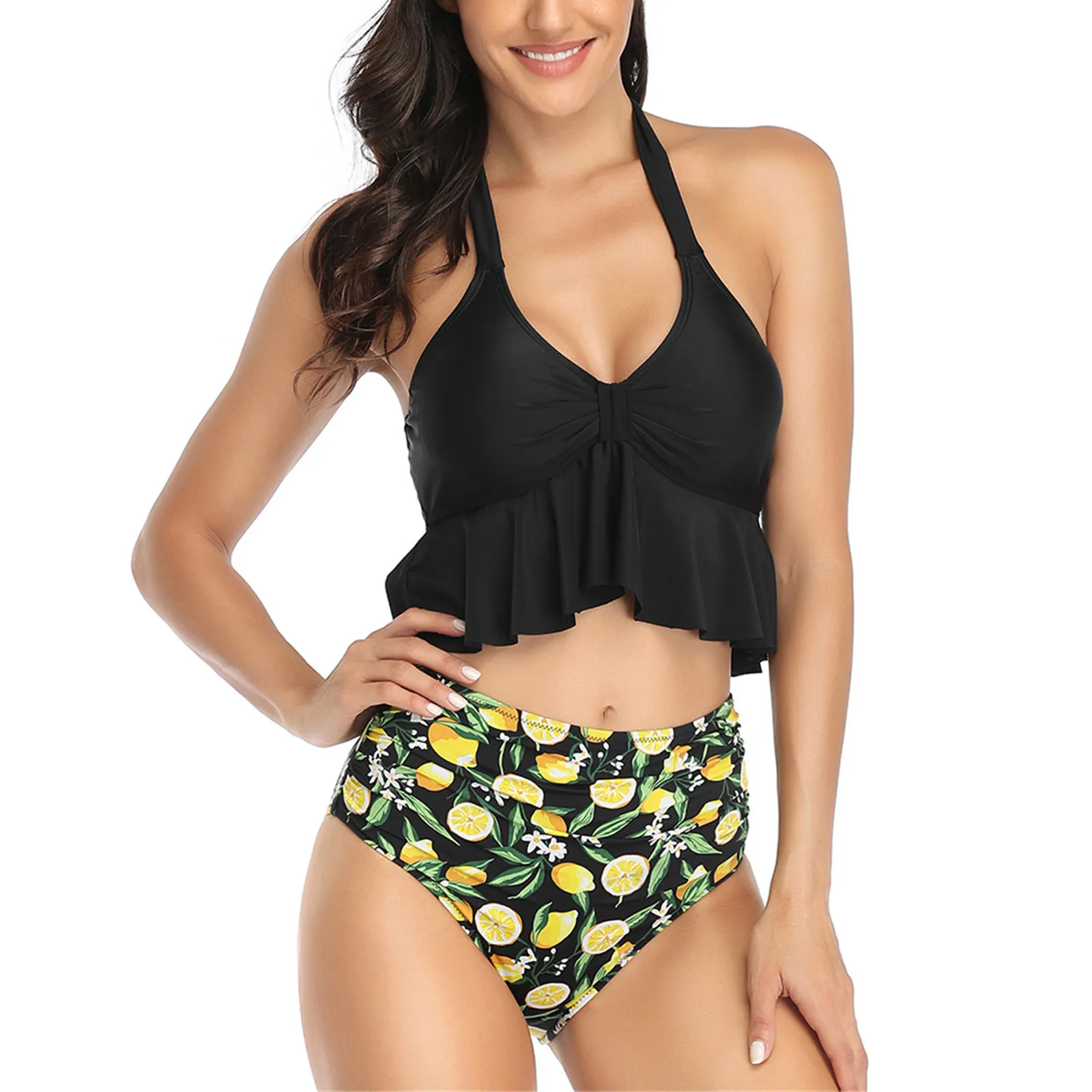 

2021New летняя пляжная одежда женские сексуальные платья с оборками с принтом в виде Разделение бикини женские пикантные туфли на высоком груд...