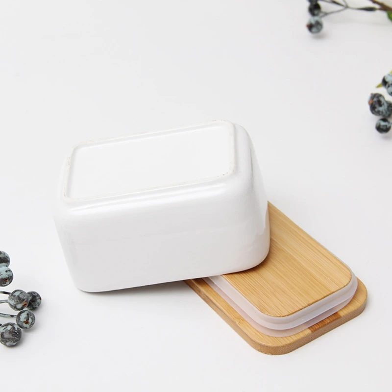 SFVEFVD Ceramic Butter Dish Tray Sealing Box with Wooden Lid Stainless Steel Cheese Knife Home Kitchen Storage Organization |