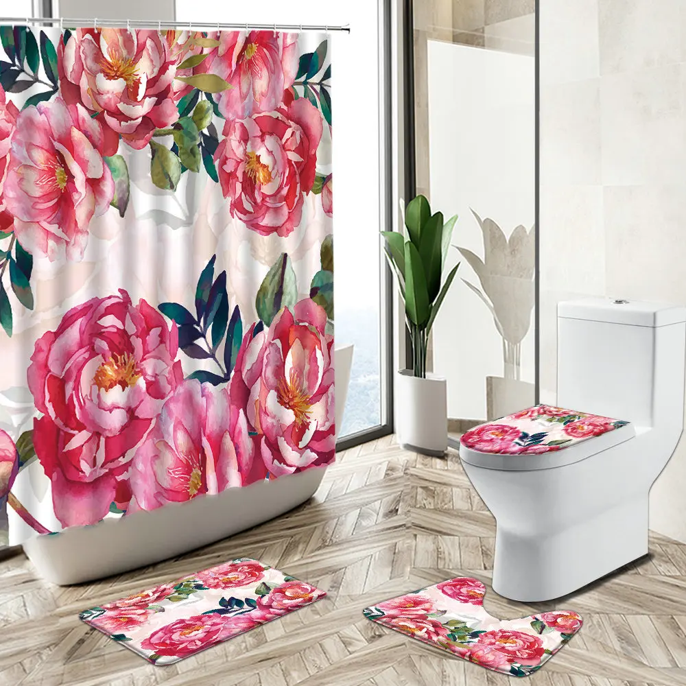 

Flower Shower Curtain Set Rose Butterfly Floral Plant Leaf Pastoral Style Watercolor Art Non-Slip Carpet Toilet Cover Floor Mat
