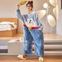 autumn and winter new cute round neck hooded cartoon one piece loose simple home wear plus velvet pajamas