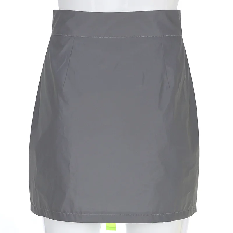 Gray Neon Reflective Suit for Women Outfits Matching Zip 2 Piece Set Sexy Club Trapless Crop Top and Skirt Summer Clothing