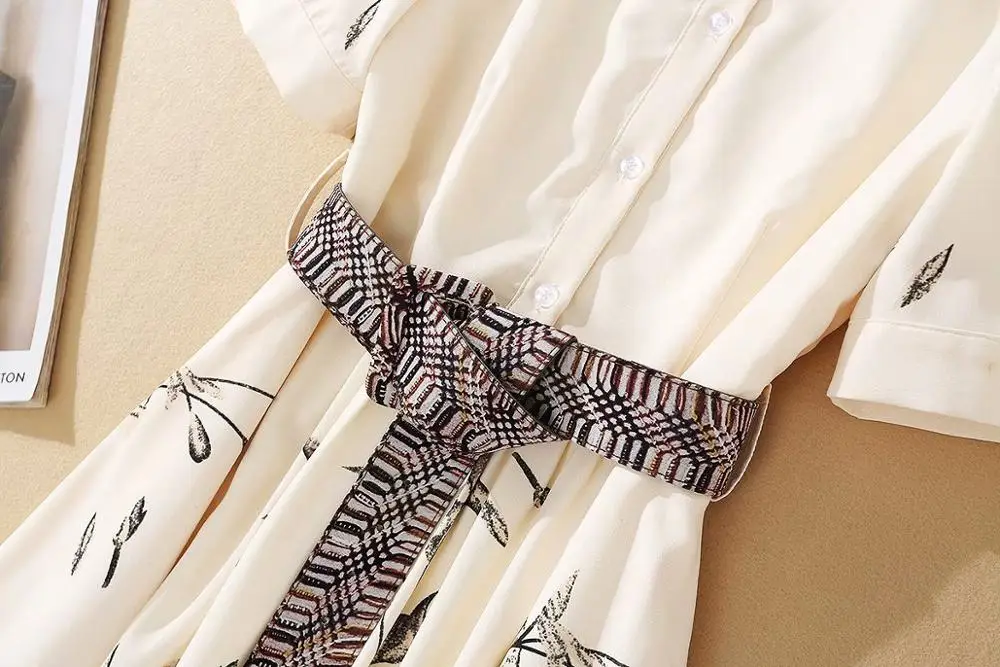 

European and American women's clothing 2020 summer new style Short sleeve lapel Fashionable belted print dresses