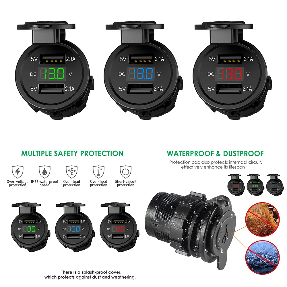 Водонепроницаемый мотоцикл Адаптер зарядного устройства с двойным USB 12V 1A 2.1A