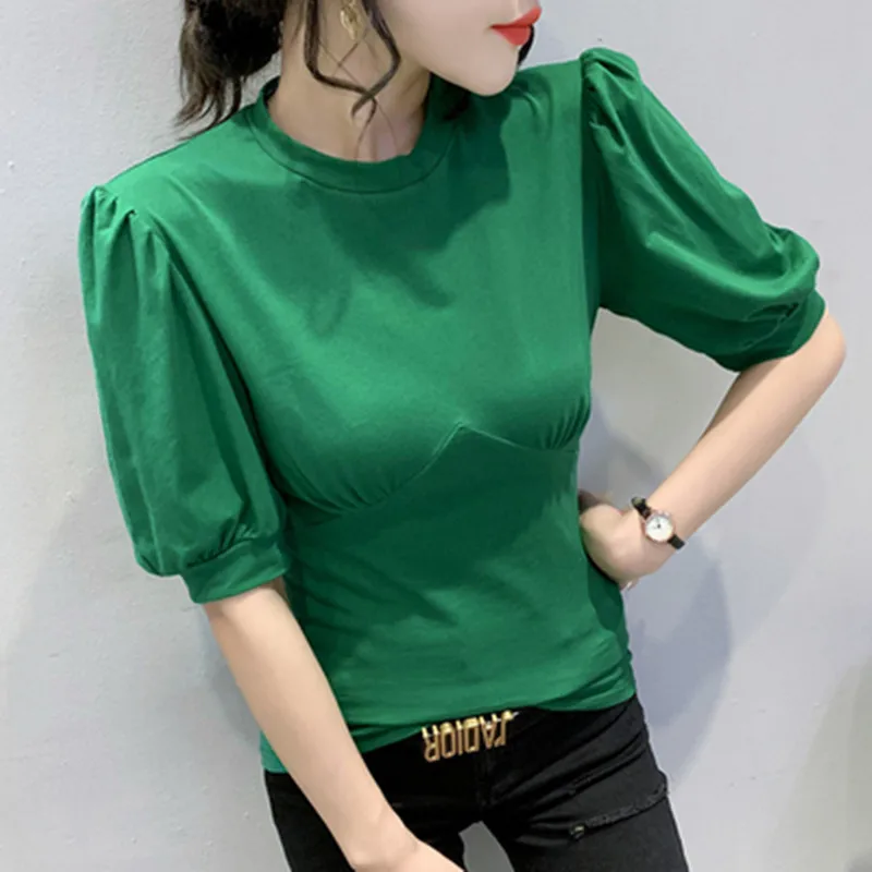 

Elegant Clothes Cotton T-Shirt Sexy Fashion Solid Folds Women Tops Puff Short Sleeve All Match Casual Tees 2021