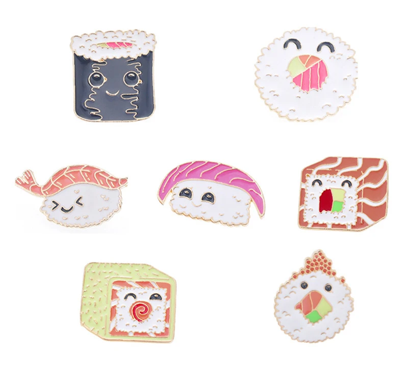 7 Style Collection Enamel Pins Brooches for Women Backpack Clothes Lapel Pin Sushi Salmon Brooch Badges Creative Cartoon Jewelry