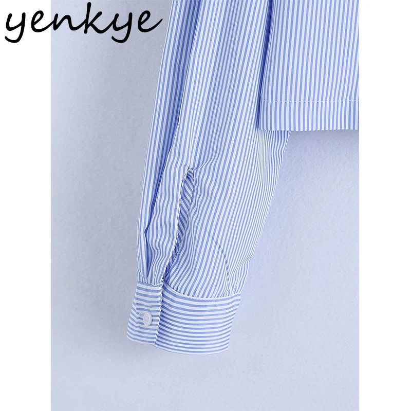 

YENKYE Blue Striped Blouse Shirt Women Lapel Collar Long Sleeve Pockets Plus Size Blusas Female Streetwear Summer Crop Top