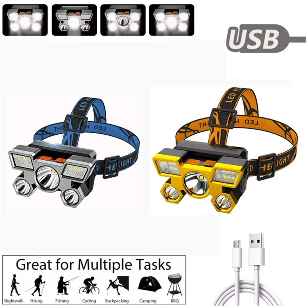 

5 LED Headlight USB Rechargeable Powerfull Head Lamp 4 Mode Torch Light Lantern Five Light Source COB Headlamp USB Chargin